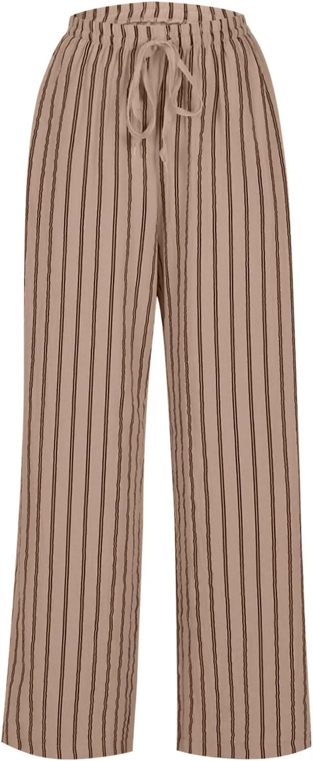 Lastesso Summer Pants for Women High Waisted Drawstring Vertical Stripe Slacks Casual Summer Paj Loungewear with Pockets