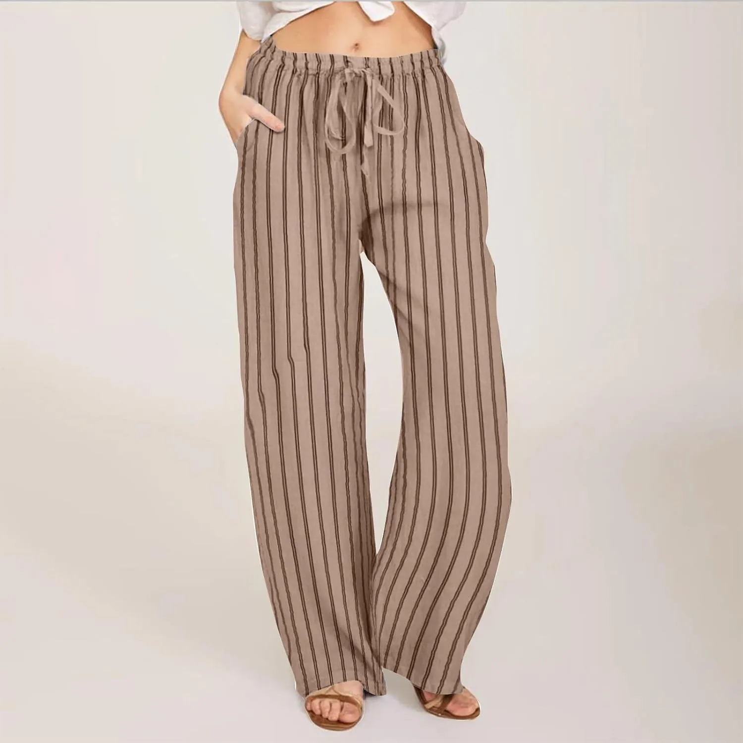 Lastesso Summer Pants for Women High Waisted Drawstring Vertical Stripe Slacks Casual Summer Paj Loungewear with Pockets
