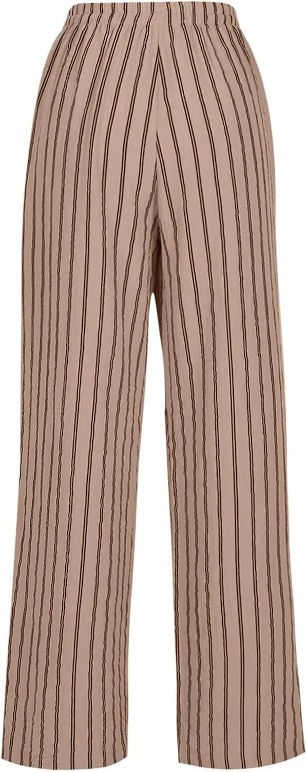 Lastesso Summer Pants for Women High Waisted Drawstring Vertical Stripe Slacks Casual Summer Paj Loungewear with Pockets