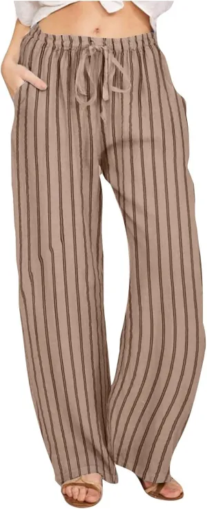 Lastesso Summer Pants for Women High Waisted Drawstring Vertical Stripe Slacks Casual Summer Paj Loungewear with Pockets