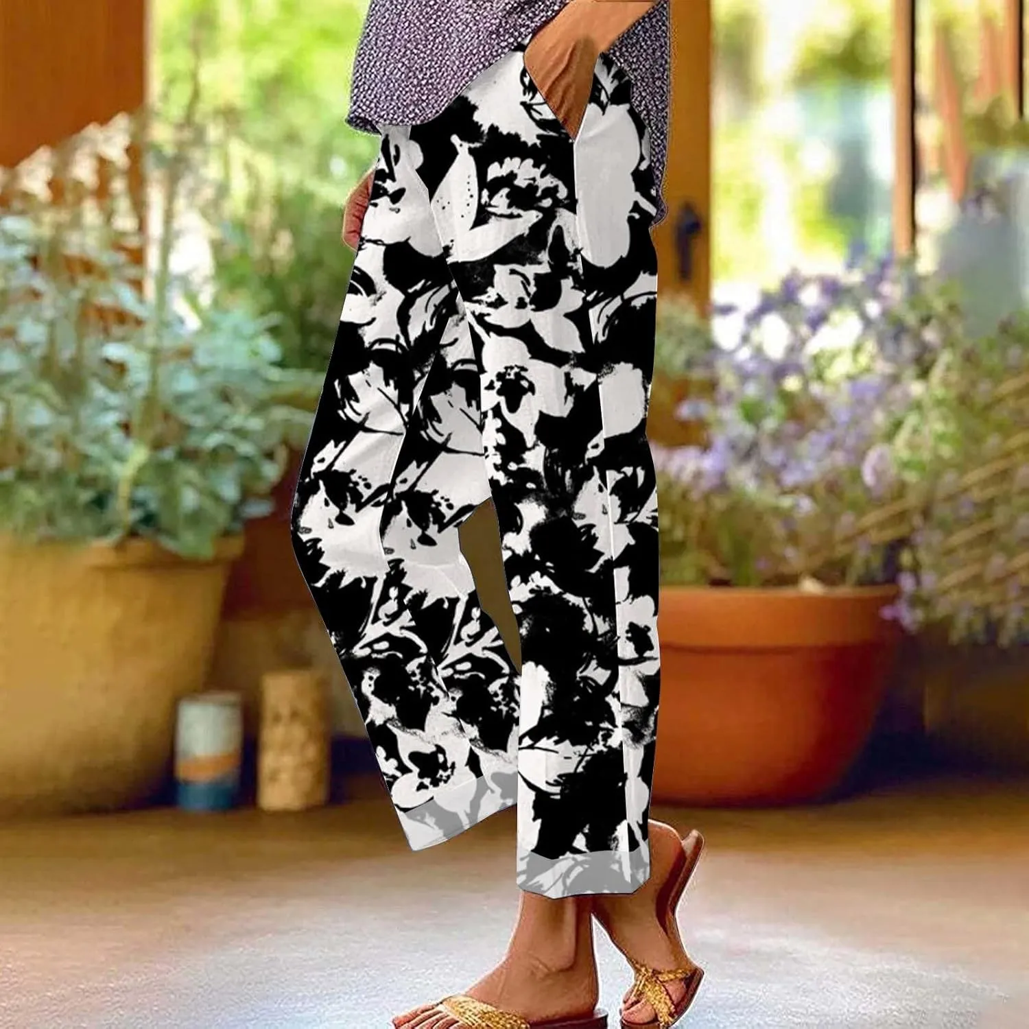 LCMTWX Women's Summer Casual Linen Pants 2024 Long Drawstring Linen Women Waist Cotton Casual Pants Elastic Waist Loose Fit