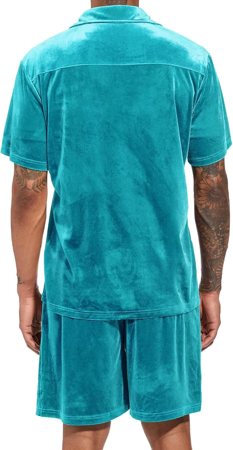 LecGee Men Summer Casual Short Sets Velvet Short Sleeve Button Down Shirt Elastic Waist Shorts 2 Piece Outfits Tracksuit