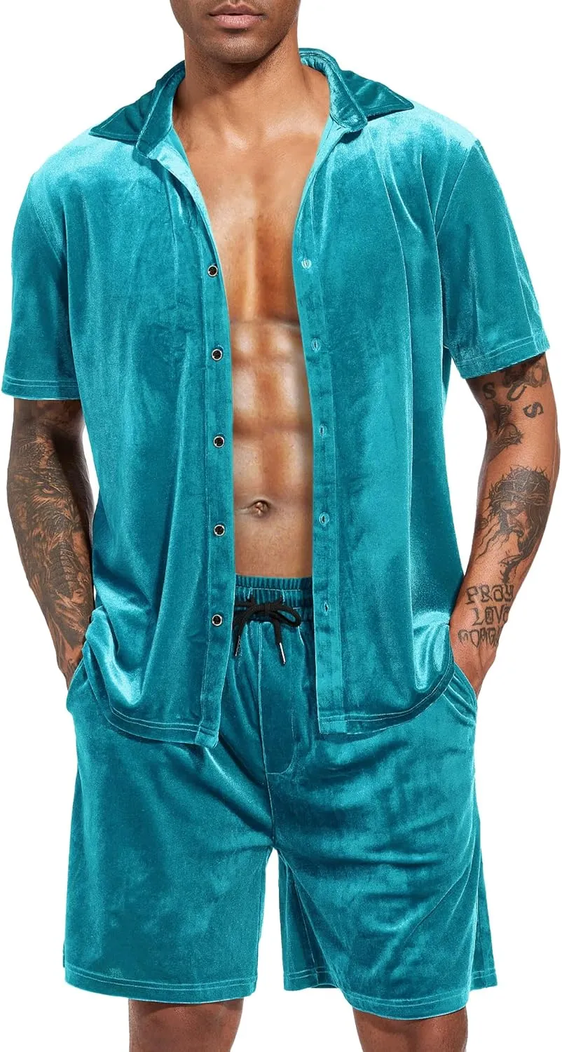 LecGee Men Summer Casual Short Sets Velvet Short Sleeve Button Down Shirt Elastic Waist Shorts 2 Piece Outfits Tracksuit