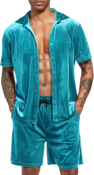 LecGee Men Summer Casual Short Sets Velvet Short Sleeve Button Down Shirt Elastic Waist Shorts 2 Piece Outfits Tracksuit
