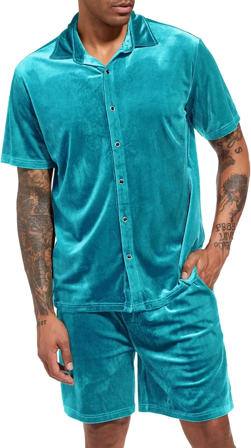 LecGee Men Summer Casual Short Sets Velvet Short Sleeve Button Down Shirt Elastic Waist Shorts 2 Piece Outfits Tracksuit