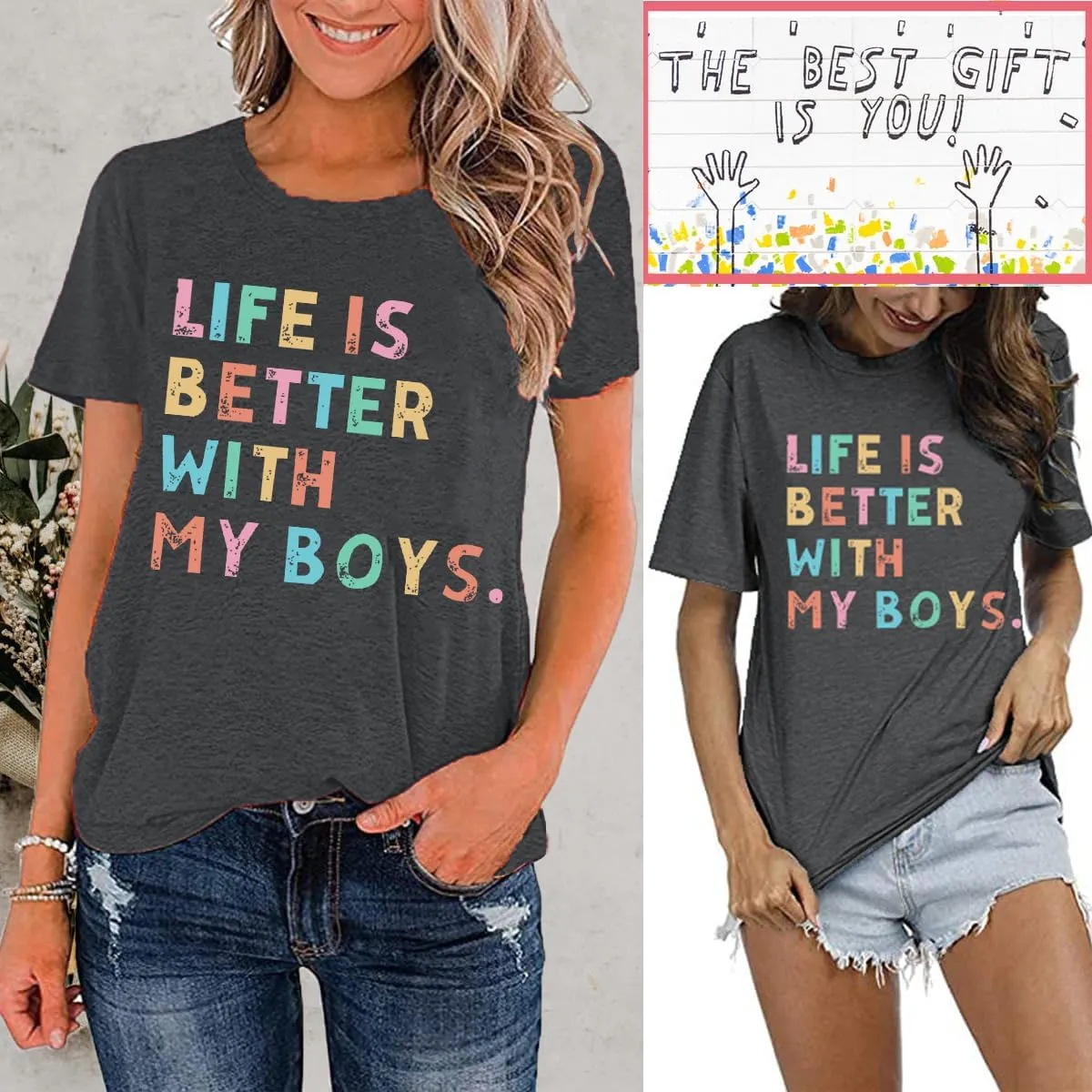 Life is Better with My Boys Women Funny Mom Gift Shirts Graphic Summer Short Athletic Casual Workout Tops