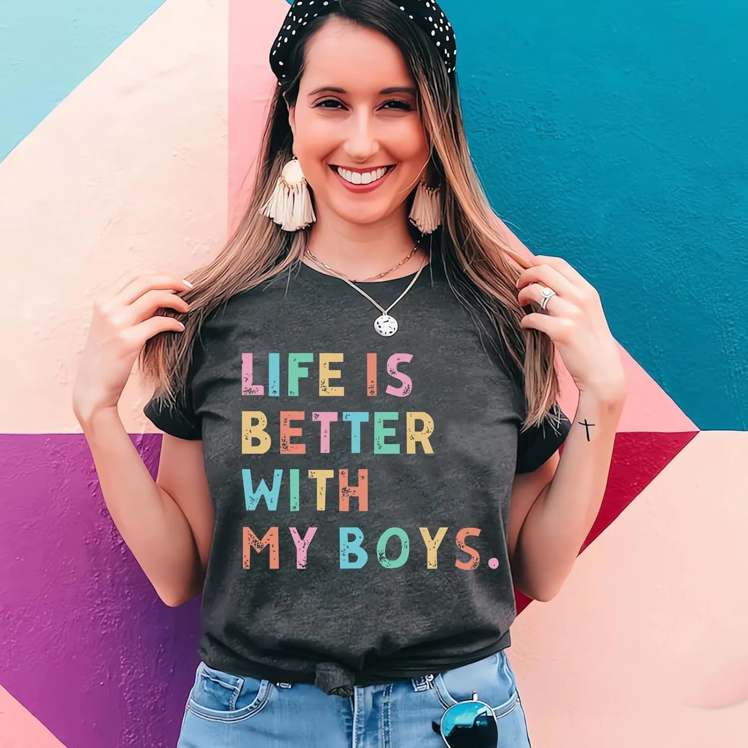 Life is Better with My Boys Women Funny Mom Gift Shirts Graphic Summer Short Athletic Casual Workout Tops
