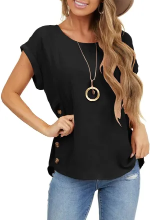 Limerose Women's Short Sleeve Tops Crew Neck Side Button Shirts Casual Loose Fit T-Shirt