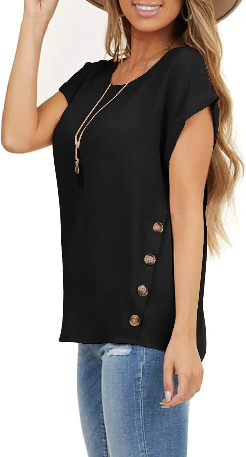 Limerose Women's Short Sleeve Tops Crew Neck Side Button Shirts Casual Loose Fit T-Shirt