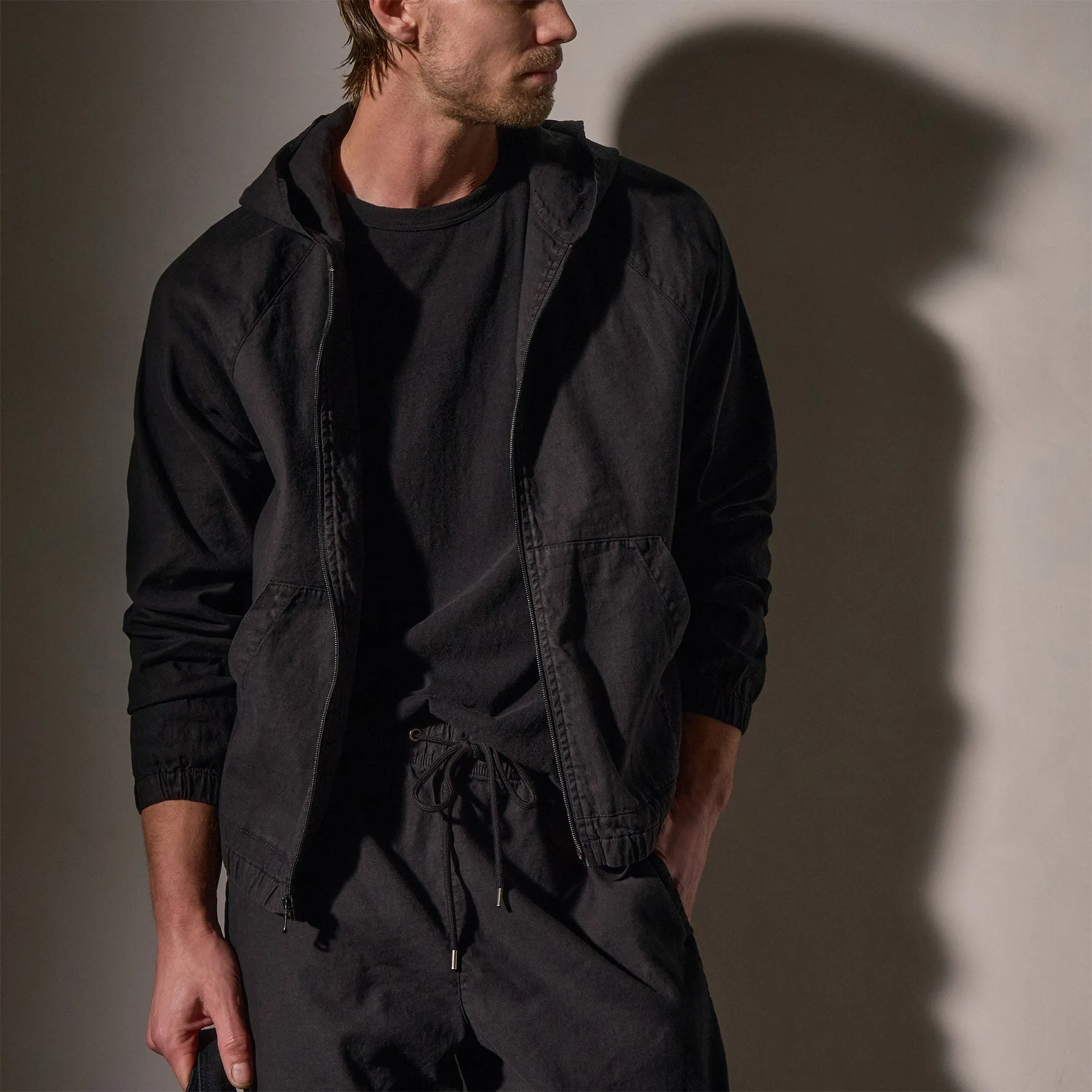 Linen Blend Zip Front Hoodie - Black