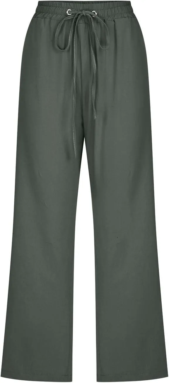 Linen Capri Pants for Women Casual 2024 Summer Drawstring Elastic High Waist Pant Wide Leg Cropped Trouser with Pockets