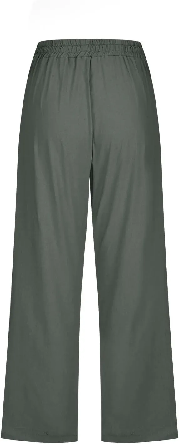 Linen Capri Pants for Women Casual 2024 Summer Drawstring Elastic High Waist Pant Wide Leg Cropped Trouser with Pockets