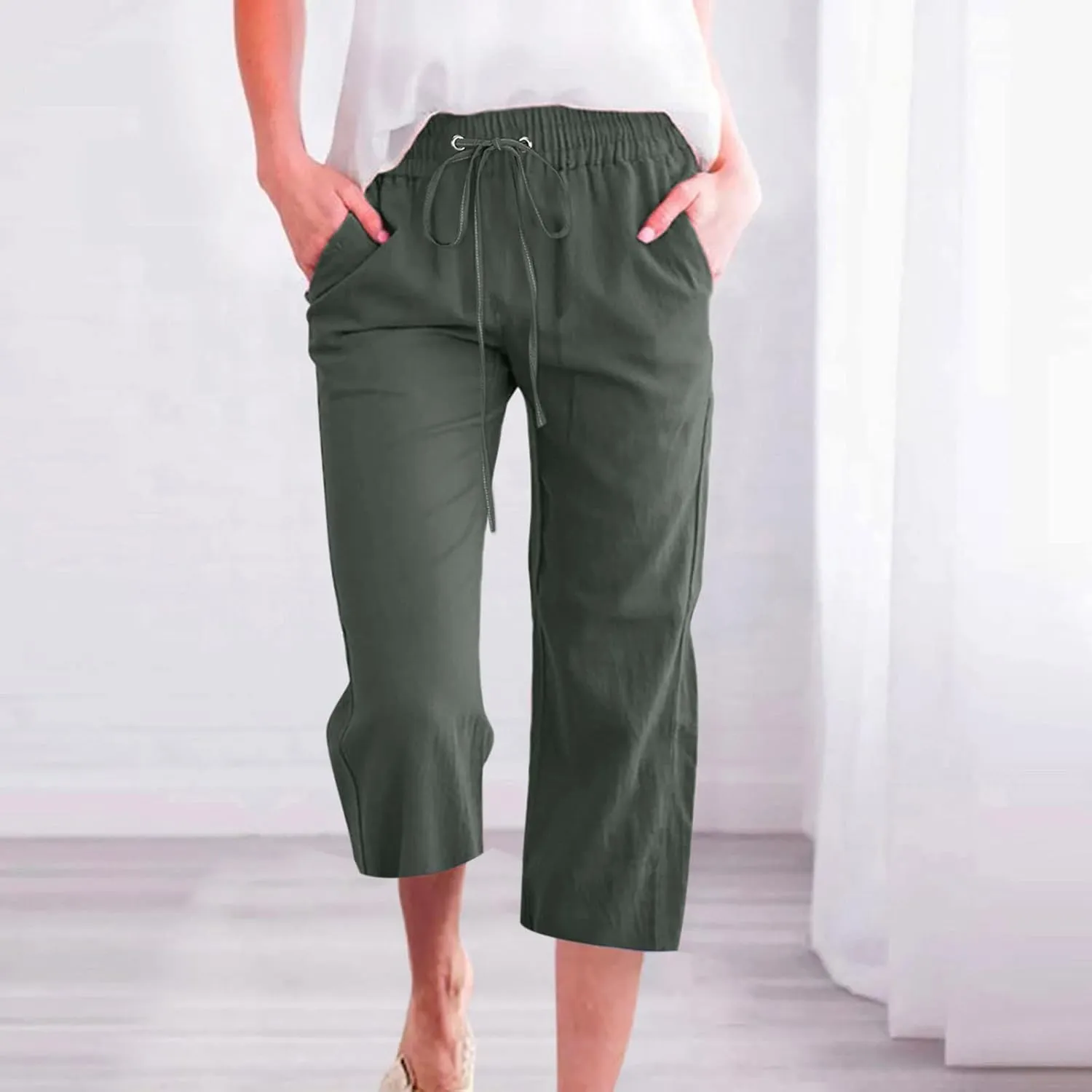 Linen Capri Pants for Women Casual 2024 Summer Drawstring Elastic High Waist Pant Wide Leg Cropped Trouser with Pockets