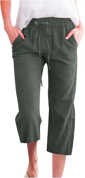 Linen Capri Pants for Women Casual 2024 Summer Drawstring Elastic High Waist Pant Wide Leg Cropped Trouser with Pockets