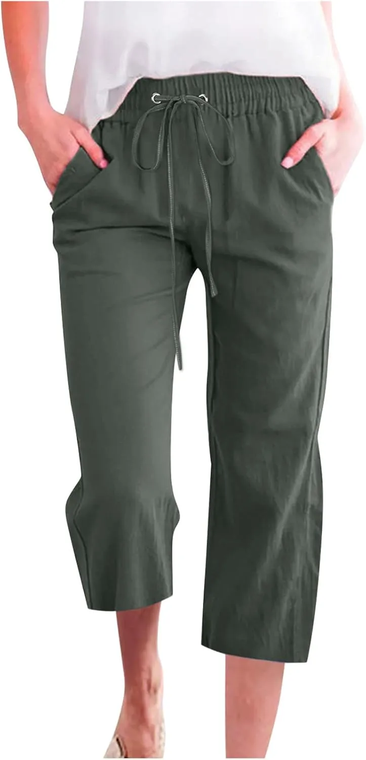 Linen Capri Pants for Women Casual 2024 Summer Drawstring Elastic High Waist Pant Wide Leg Cropped Trouser with Pockets