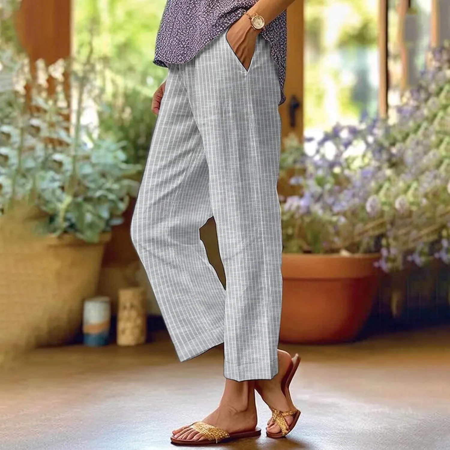 Linen Capri Pants for Women Drawstring Waisted Straight Wide Leg Lounge Pant Striped Spring Summer Beach Trousers