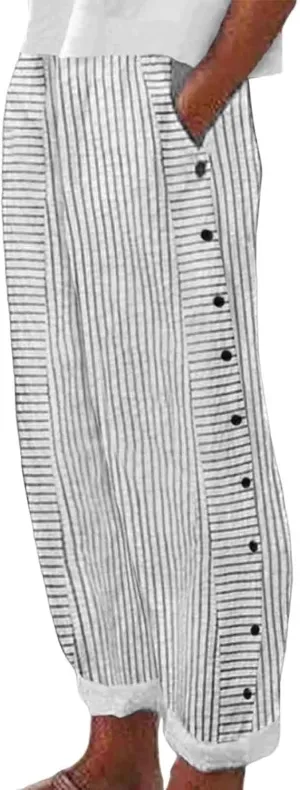 Linen Capris for Women Striped Elastic Waisted Drawstring Capri Pants with Pockets Side Button Casual Cropped Pants