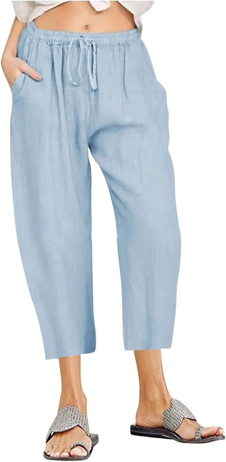 Linen Capris Pants for Women 2025 Summer Comfy Drawstring Waist Beach Pants Lightweight Cropped Trouser with Pockets