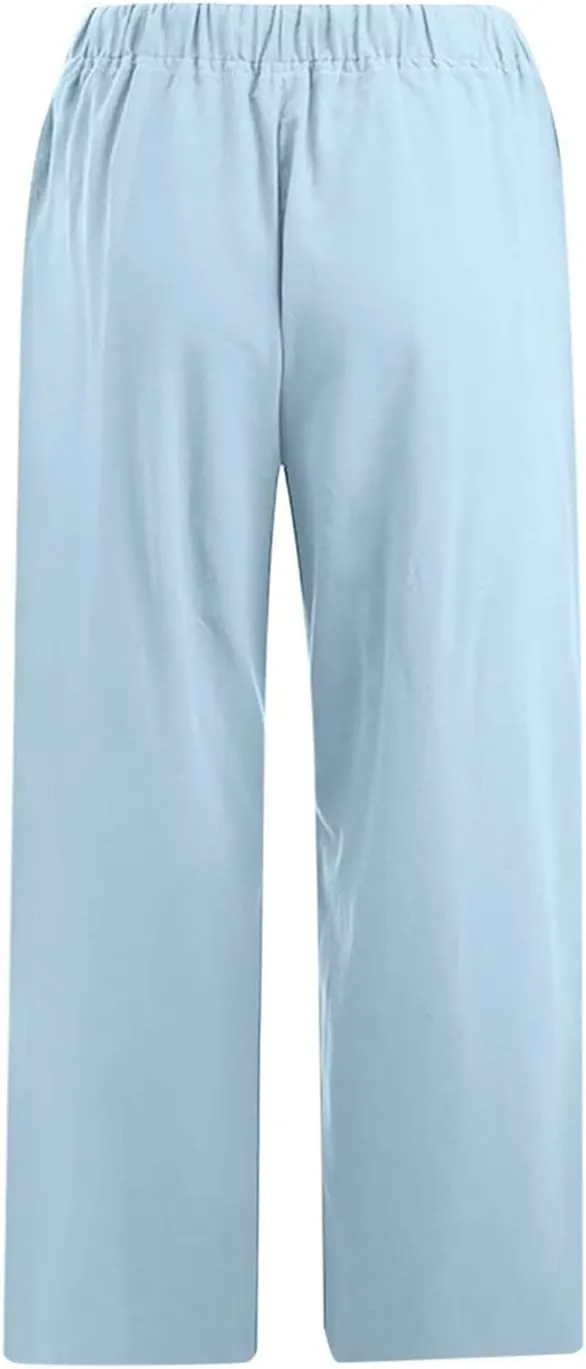 Linen Capris Pants for Women 2025 Summer Comfy Drawstring Waist Beach Pants Lightweight Cropped Trouser with Pockets