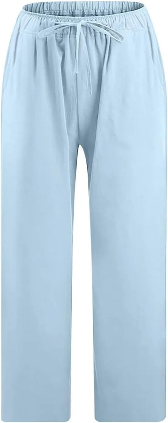 Linen Capris Pants for Women 2025 Summer Comfy Drawstring Waist Beach Pants Lightweight Cropped Trouser with Pockets