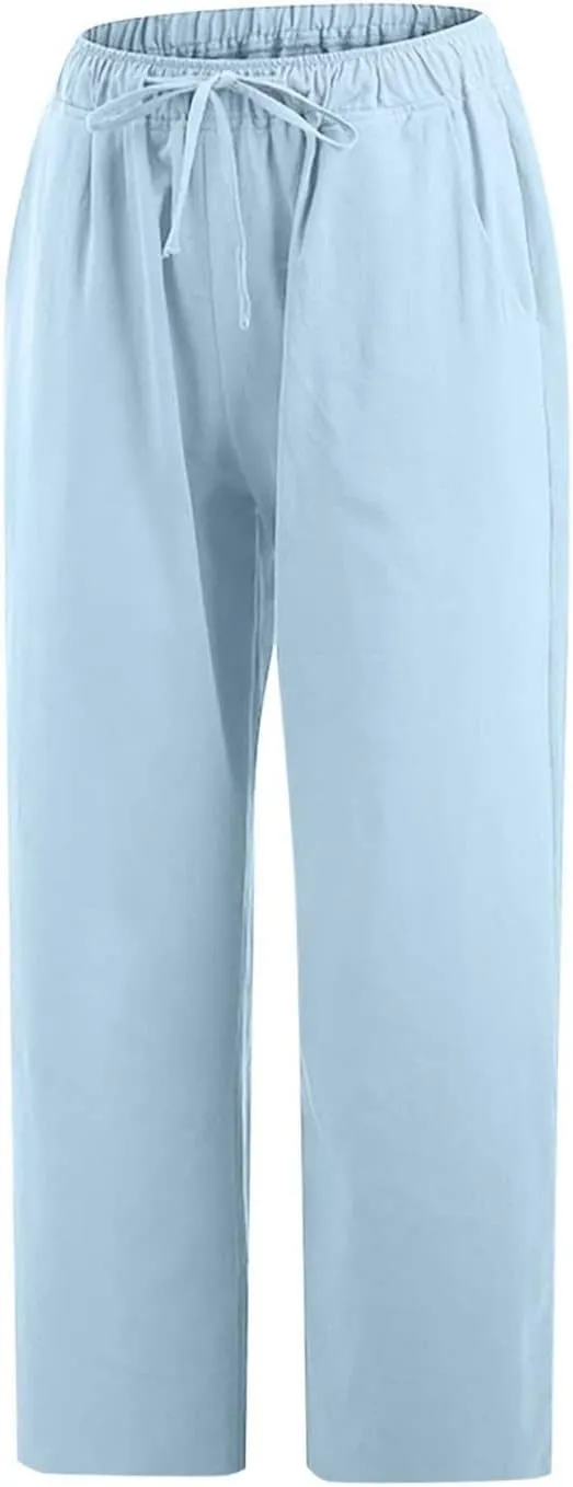 Linen Capris Pants for Women 2025 Summer Comfy Drawstring Waist Beach Pants Lightweight Cropped Trouser with Pockets