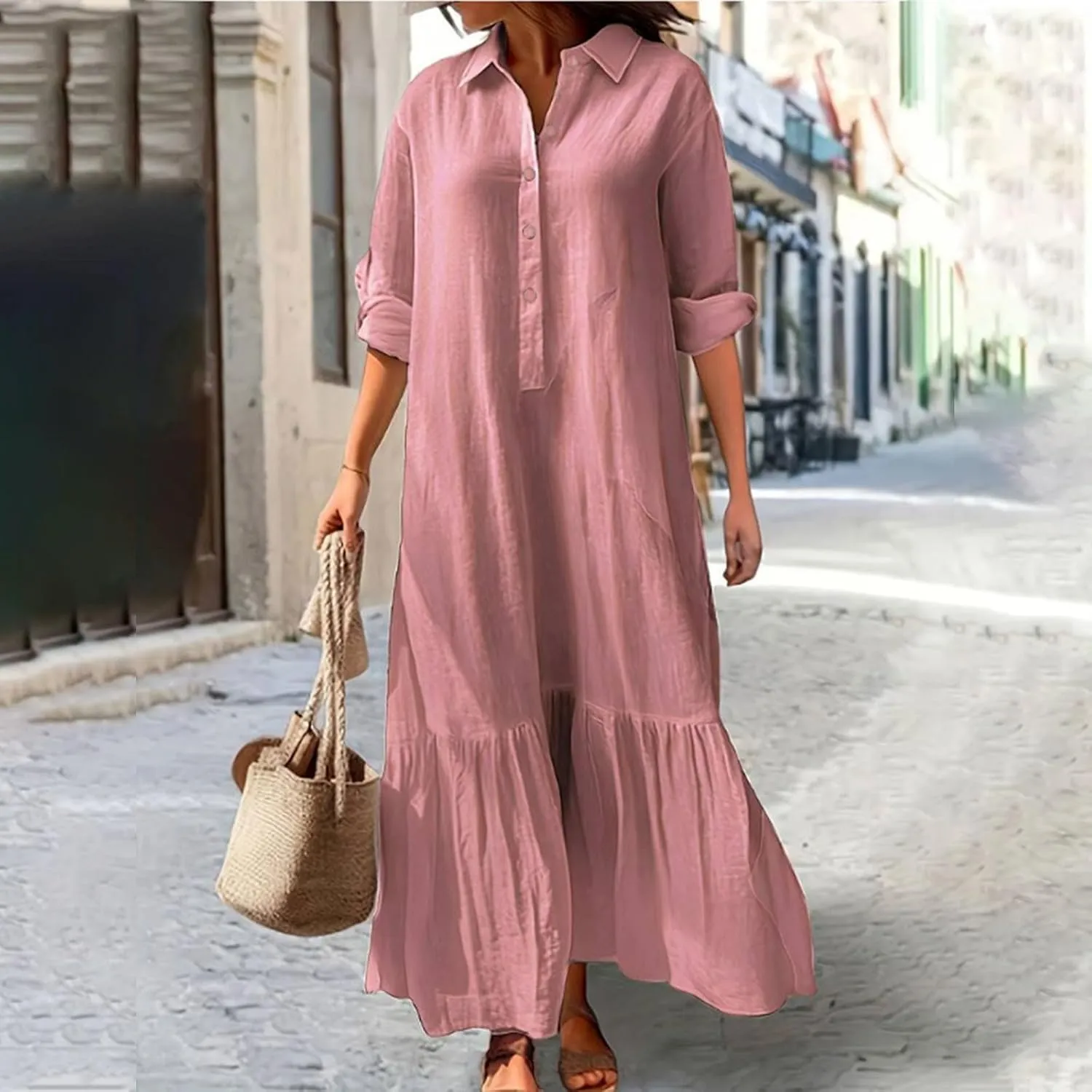Linen Dresses for Women 2025 Loose Button V-Neck Long Sleeve Sundress Fashion Solid Color Pleated Shirts Dress