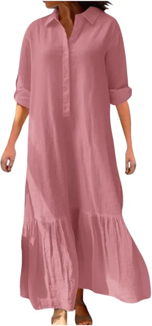 Linen Dresses for Women 2025 Loose Button V-Neck Long Sleeve Sundress Fashion Solid Color Pleated Shirts Dress