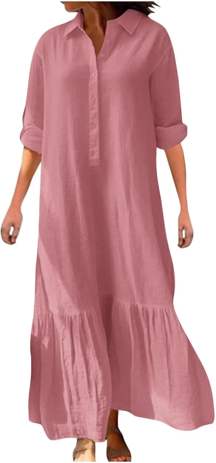 Linen Dresses for Women 2025 Loose Button V-Neck Long Sleeve Sundress Fashion Solid Color Pleated Shirts Dress