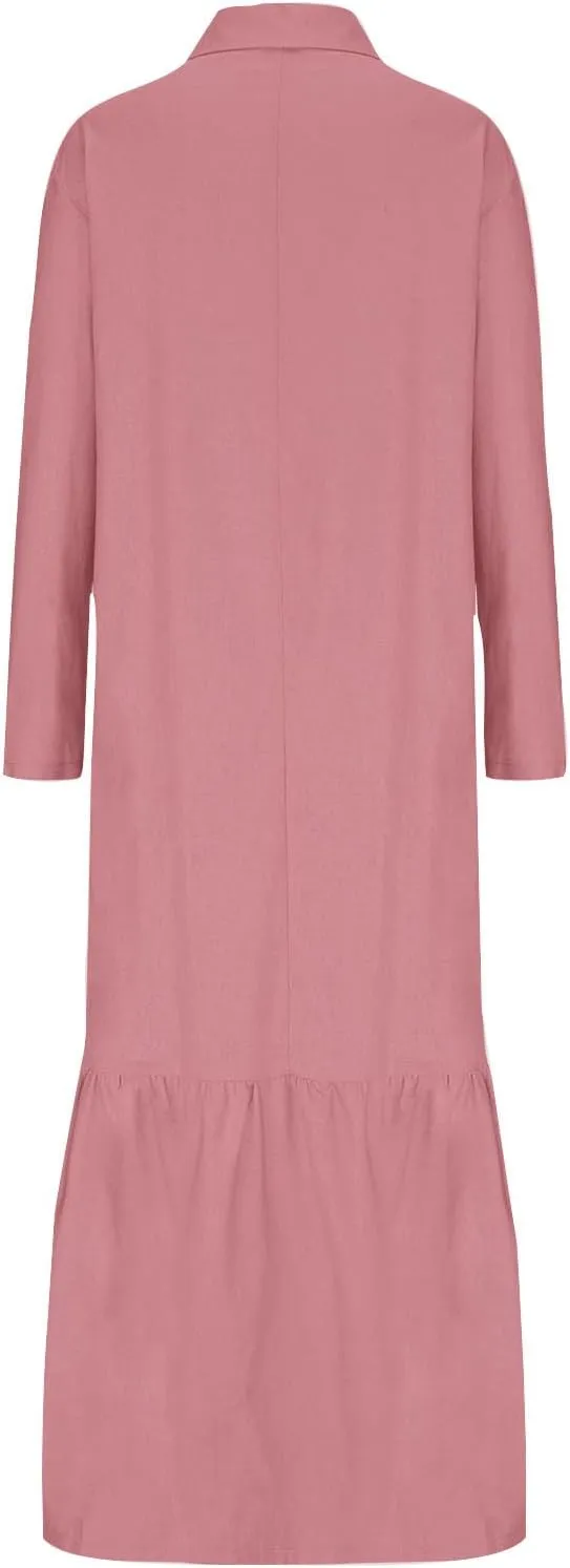 Linen Dresses for Women 2025 Loose Button V-Neck Long Sleeve Sundress Fashion Solid Color Pleated Shirts Dress