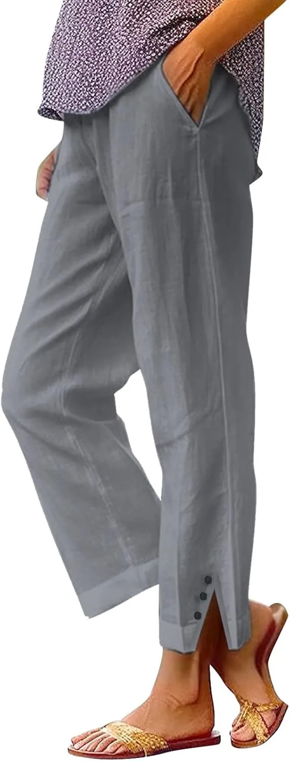 Linen Palazzo Pants for Women Capri Pants Cotton Drawstring High Waisted Trousers Casual Summer Lounge Trousers