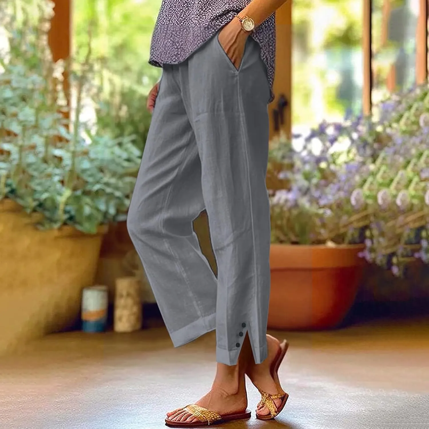 Linen Palazzo Pants for Women Capri Pants Cotton Drawstring High Waisted Trousers Casual Summer Lounge Trousers