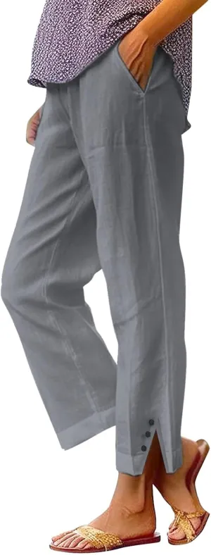 Linen Palazzo Pants for Women Capri Pants Cotton Drawstring High Waisted Trousers Casual Summer Lounge Trousers