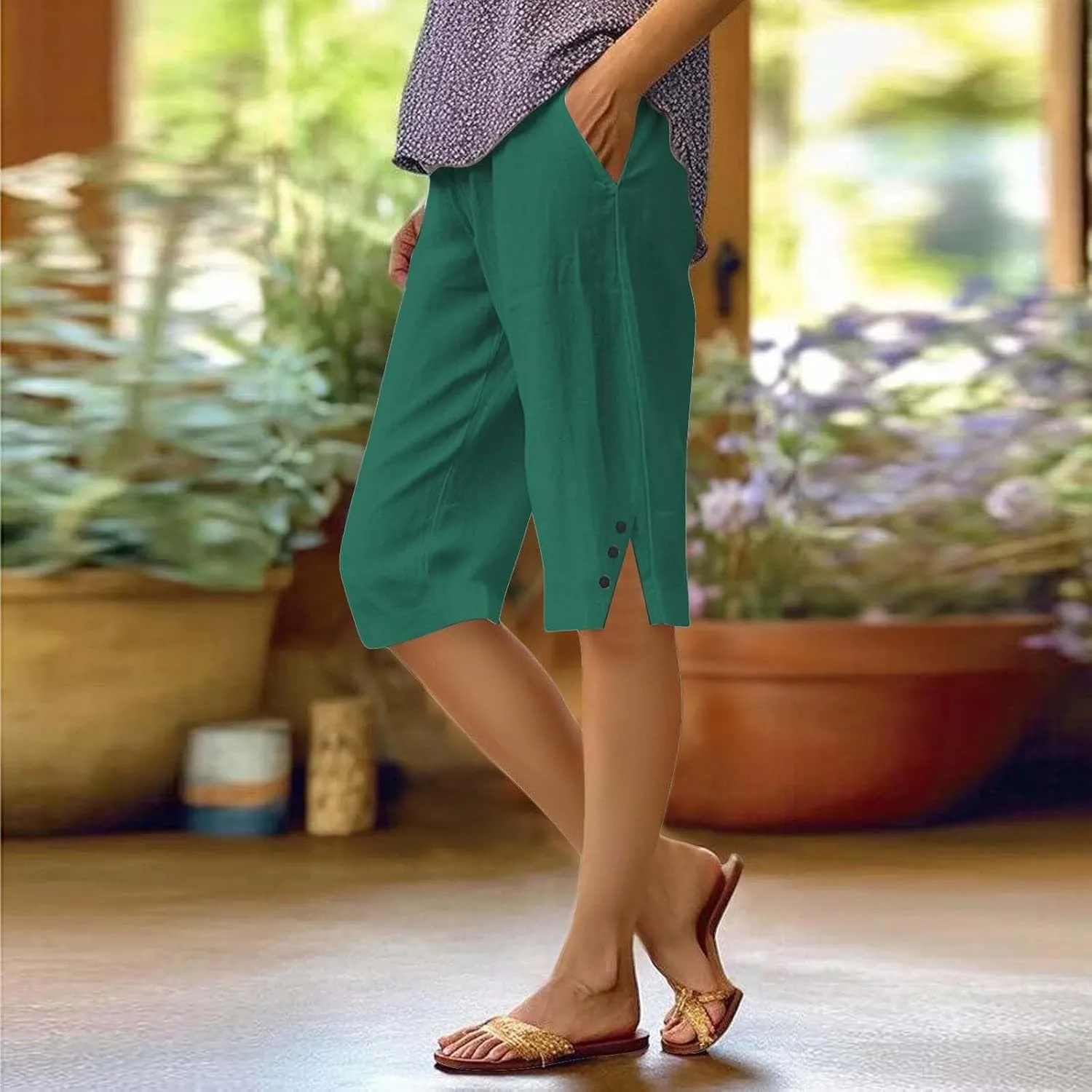 Linen Pants Cropped Pants Cotton Linen Elastic Waist Trousers Casual Loose Business Work Lounge Long Trousers