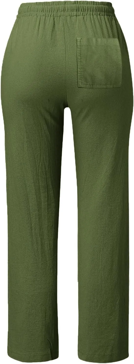 Linen Pants for Women 2025 Summer Drawstring Pants Casual Loose Wide Leg Lounge Trousers for Beach Travel Vacation