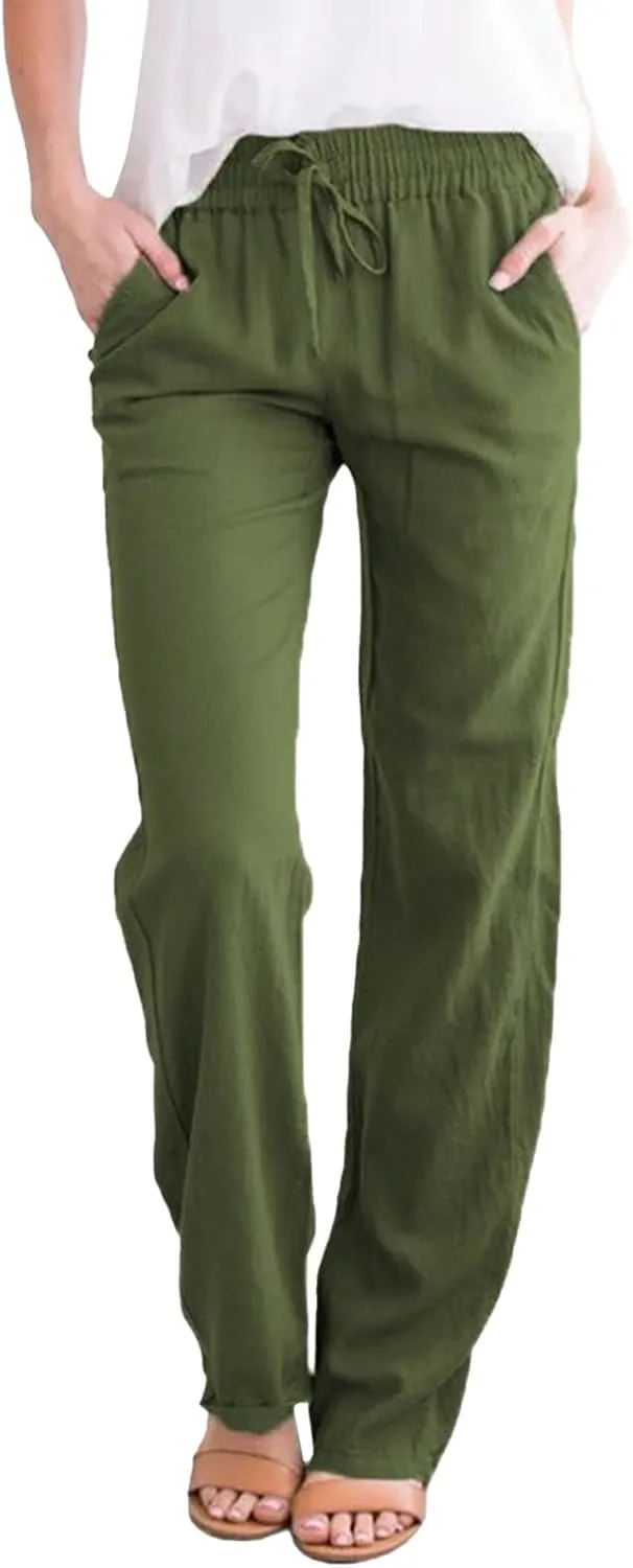 Linen Pants for Women 2025 Summer Drawstring Pants Casual Loose Wide Leg Lounge Trousers for Beach Travel Vacation