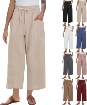 Linen Pants for Women 2025 Wide Leg Cropped Pants High Waisted Summer Casual Cotton Palazzo Trousers with Pockets