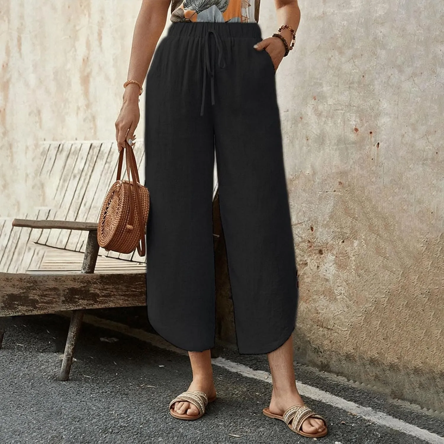 Linen Pants for Women Casual High Waisted Drawstring Harem Pants Summer Cropped Lounge Trousers with Pockets