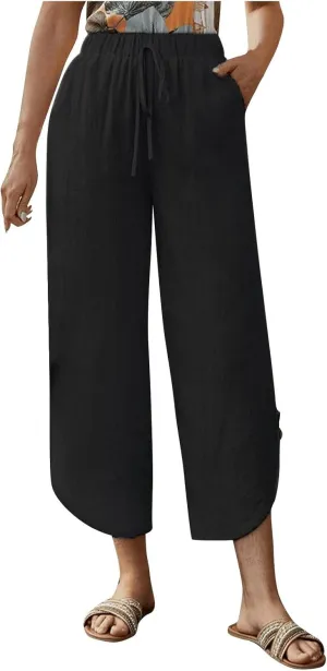 Linen Pants for Women Casual High Waisted Drawstring Harem Pants Summer Cropped Lounge Trousers with Pockets