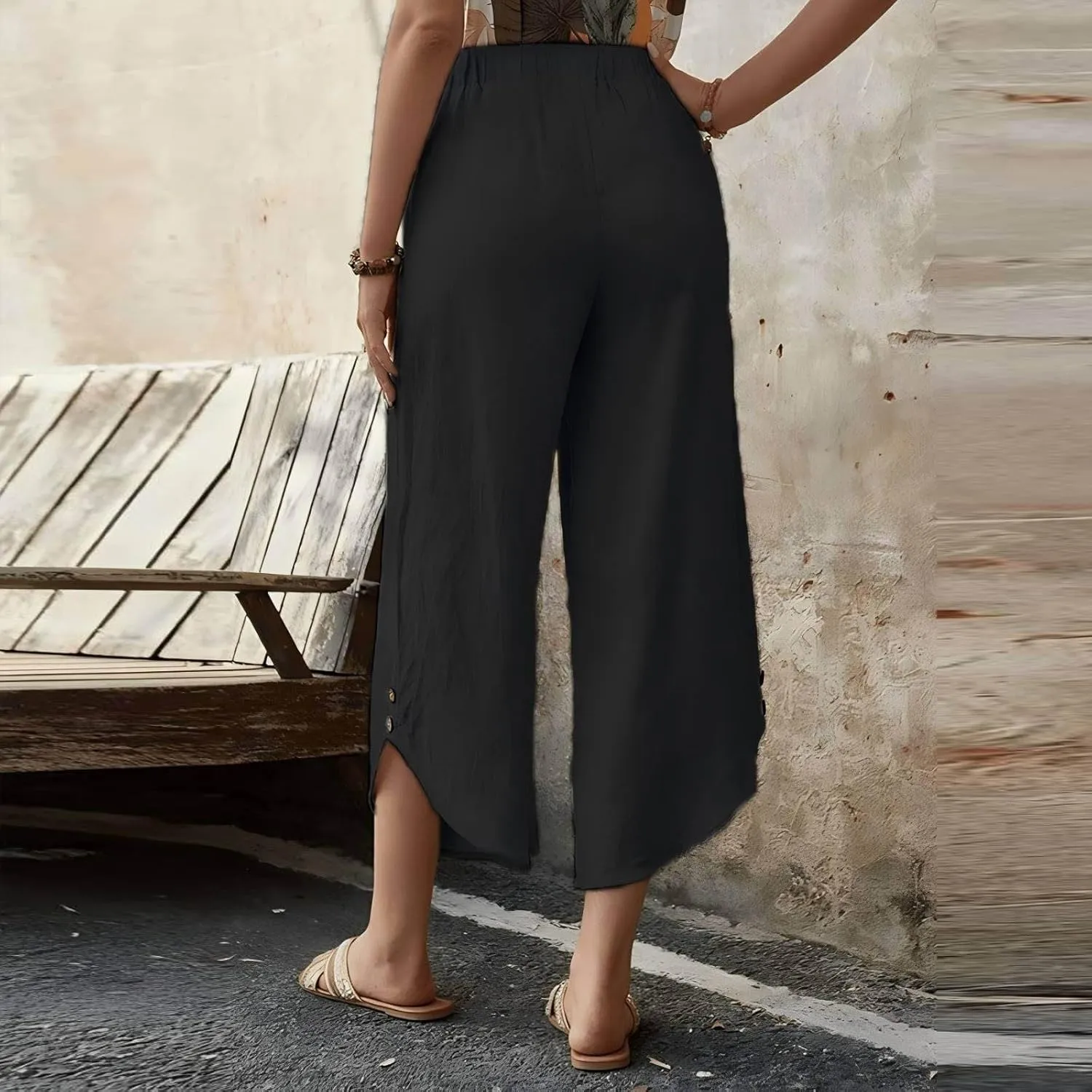 Linen Pants for Women Casual High Waisted Drawstring Harem Pants Summer Cropped Lounge Trousers with Pockets