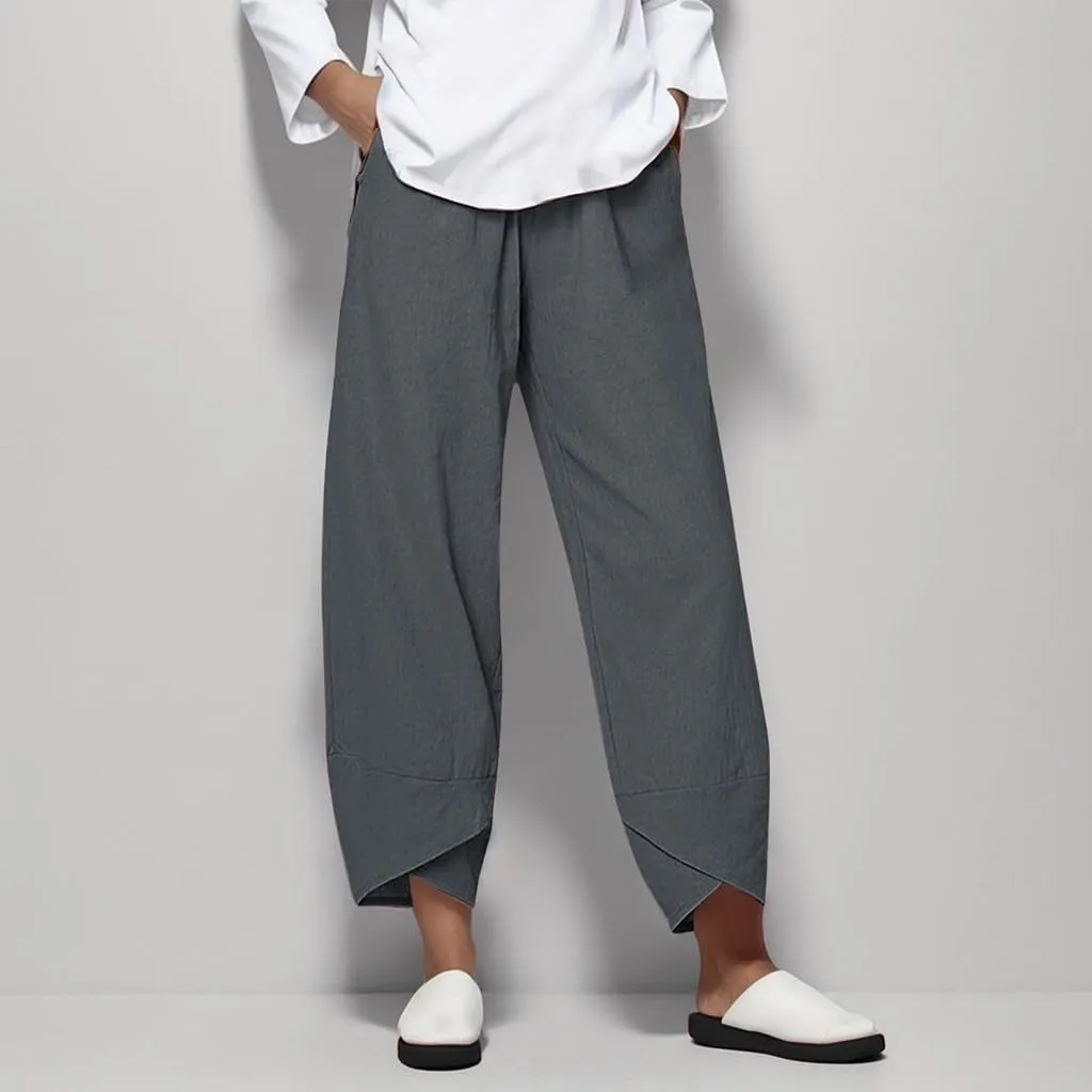 Linen Pants for Women Petite Length Loose Fitting Lightweight Joggers High Waisted Cropped Pants with Pockets