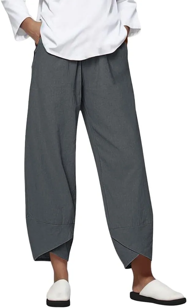 Linen Pants for Women Petite Length Loose Fitting Lightweight Joggers High Waisted Cropped Pants with Pockets