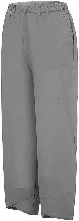 Linen Pants for Women Petite Length Loose Fitting Lightweight Joggers High Waisted Cropped Pants with Pockets
