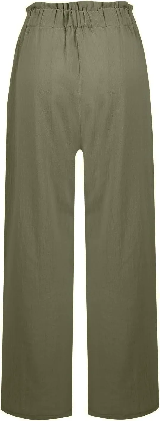 Linen Pants for Women Trendy Casual Wide Leg Beach Palazzo Pants Ruffle High Waist Trousers with Pockets Slacks