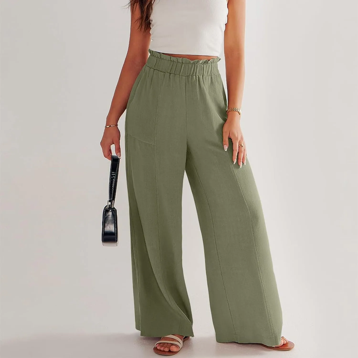 Linen Pants for Women Trendy Casual Wide Leg Beach Palazzo Pants Ruffle High Waist Trousers with Pockets Slacks