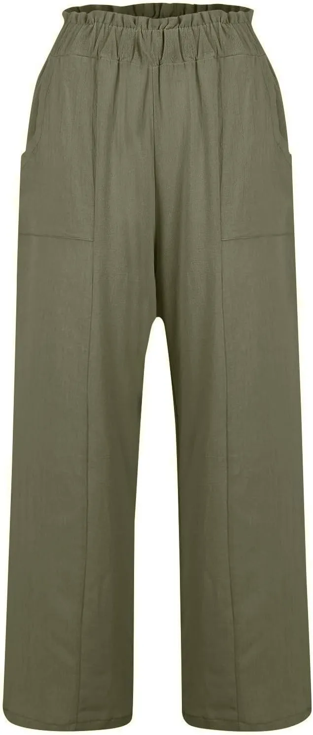Linen Pants for Women Trendy Casual Wide Leg Beach Palazzo Pants Ruffle High Waist Trousers with Pockets Slacks