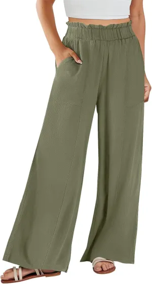 Linen Pants for Women Trendy Casual Wide Leg Beach Palazzo Pants Ruffle High Waist Trousers with Pockets Slacks