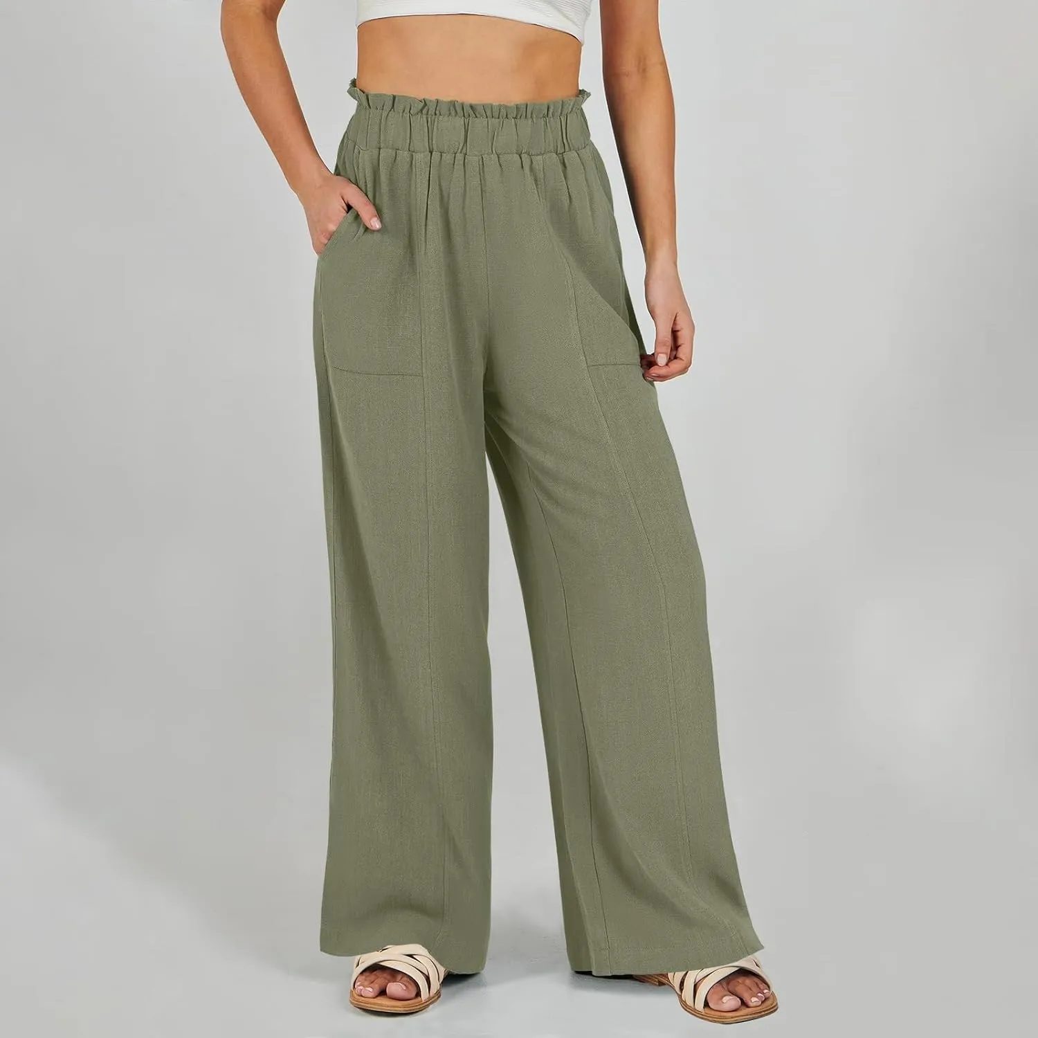 Linen Pants for Women Trendy Casual Wide Leg Beach Palazzo Pants Ruffle High Waist Trousers with Pockets Slacks