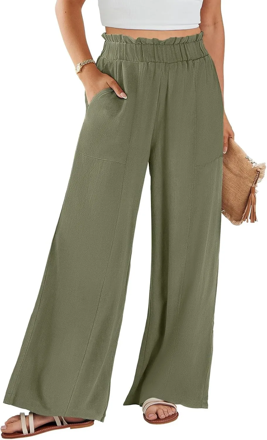 Linen Pants for Women Trendy Casual Wide Leg Beach Palazzo Pants Ruffle High Waist Trousers with Pockets Slacks