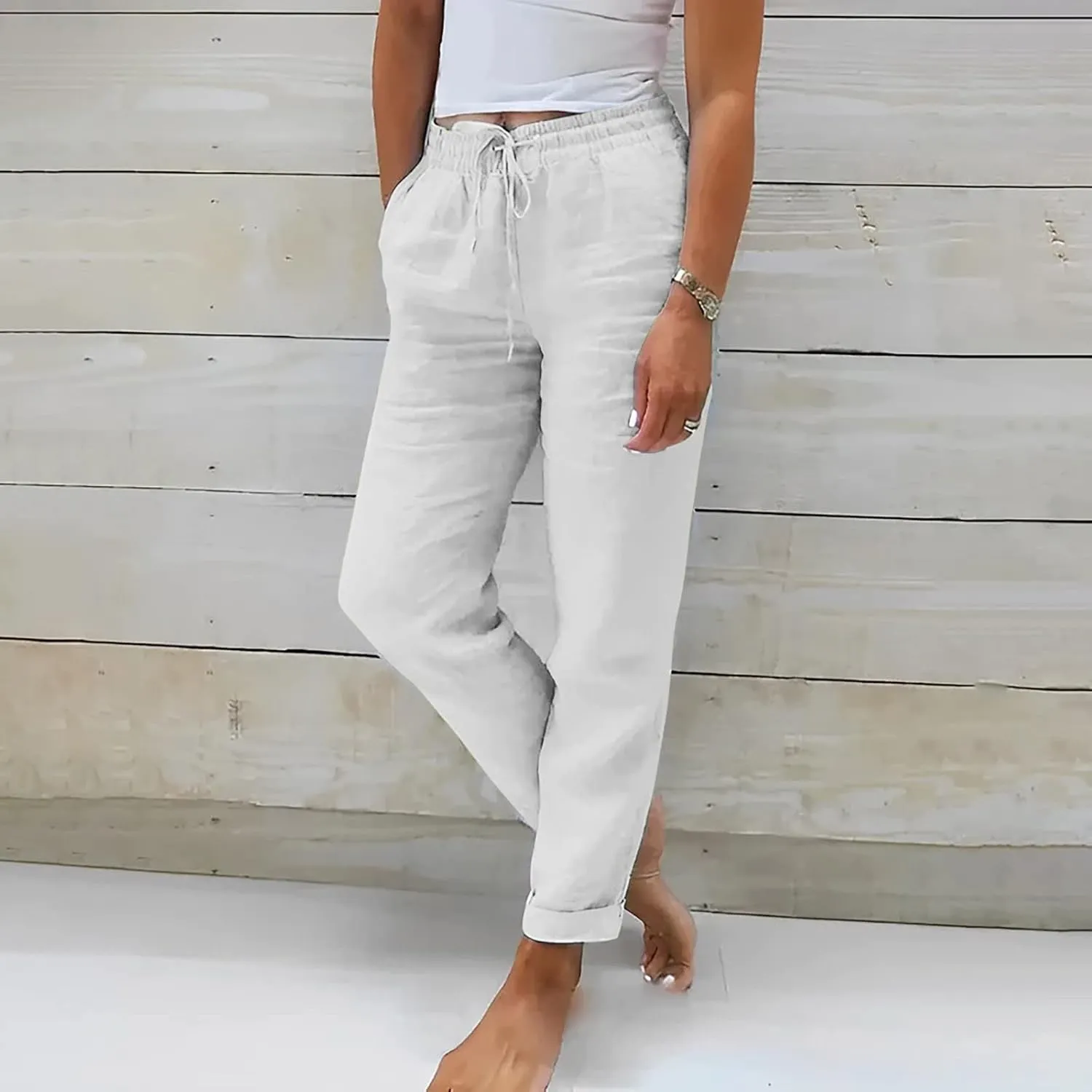 Linen Pants Linen Wide Leg Pants for Women High Waisted Linen Pants Women Women's Summer Linen Pants Casual Loose Drawstring