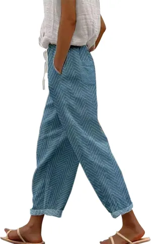 Linen Pants, Loose Cotton Pants Women, Capri High Waisted Elastic Waist Trousers Loose Summer Lounge Long Trousers Pantalones De Lino Khaki X-Large
